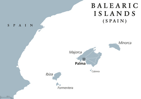 Balearic Islands political map with capital Palma. Majorca, Minorca, Ibiza, Formentera. Spain autonomous community in Mediterranean Sea. Gray illustration on white background. English labeling. Vectorのイラスト素材