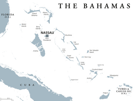 The Bahamas political map with capital Nassau. Commonwealth and archipelagic state within the Lucayan Archipelago in the Atlantic Ocean. Gray illustration on white background. English labeling. Vectorのイラスト素材