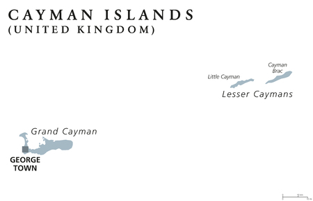 Cayman Islands political map with capital George Town. British Overseas Territory. Three islands in the western Caribbean Sea. Gray illustration isolated on white background. English labeling. Vector.のイラスト素材