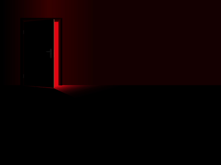 Darkness - black room and a half open door with a glimmer of red light coming in - as a symbol for thrill, danger, fear, courage or for taking a chance. Vector illustration.のイラスト素材