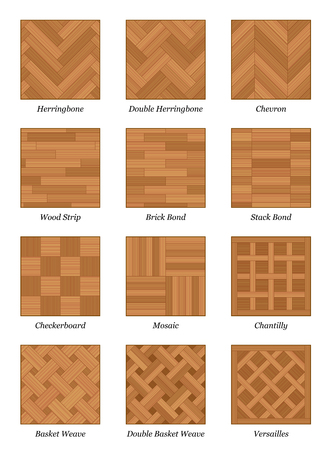 Parquet pattern chart - most popular parquetry wood flooring samples with names - isolated vector illustration on white background.のイラスト素材