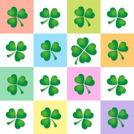 Clover leaf pattern, four and three leaved clovers on colored square background. Vector illustration.のイラスト素材