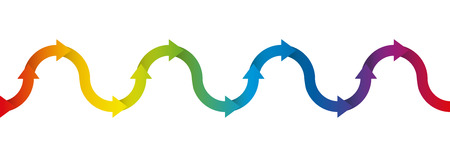 Up and down symbol for undulation and oscillation, depicted with a rainbow colored arrow wave - isolated vector illustration on white background, seamless extensible in both directions.のイラスト素材