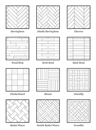 Parquet patterns - collection of most popular flooring samples with names - isolated outline vector illustration on white background.のイラスト素材