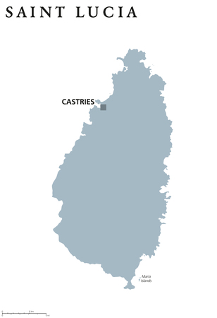 Saint Lucia political map with capital Castries. Caribbean island country and part of the Lesser Antilles and Windward Islands. Gray illustration isolated on white background. English labeling. Vectorのイラスト素材
