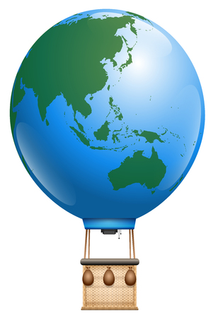 Hot air balloon - planet earth, asia and australia and pacific ocean - symbol for round the world cruise or other global flying tourism issues - isolated vector illustration on white background.のイラスト素材