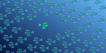 Swimming against the tide - one brave, daring fish swims in the opposite direction to the school of fish - symbol for courage, individuality, diversity or being an outsider. Isolated vector comic illustration on white background.のイラスト素材