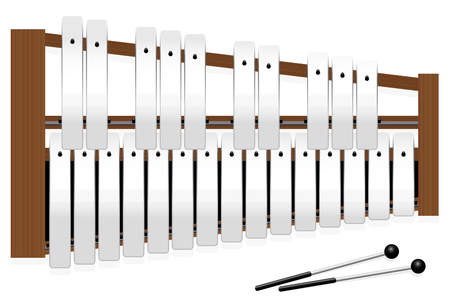 Metallophone with metal bars - top view - three octaves in c major with fifteen whole tones and ten halftones - plus two percussion mallets - illustrated vector illustration on white background.のイラスト素材