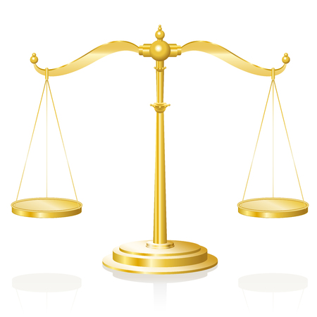 Balance scale - golden weighing device with two hanging pans perfectly balanced - isolated vector illustration on white background.のイラスト素材