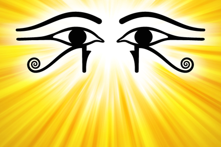 Eyes of Horus with golden sunbeams from upper center. Wedjat, the ancient Egyptian symbol of protection, royal power and good health of the goddess Wadjet. Similar to Eyes of the god Ra. Illustration.の写真素材
