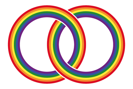 Two intersecting gay pride rainbow colored circles. Combined rings in the LGBT movement flag colors.のイラスト素材