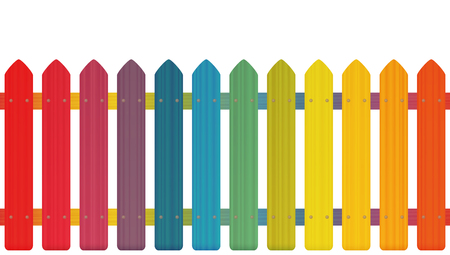 Rainbow colored picket fence with wooden texture, seamless extendable to endless pattern - isolated vector illustration on white background.のイラスト素材