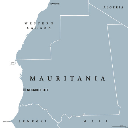 Mauritania political map with capital Nouakchott. Islamic republic and Arab country in the Maghreb region of Western Africa.  Gray illustration isolated on white background. English labeling. Vector.のイラスト素材