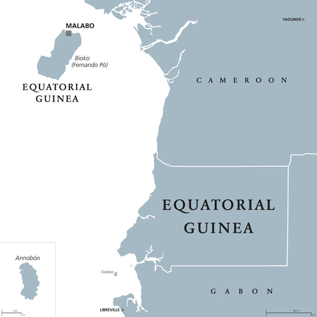 Equatorial Guinea political map with capital Malabo on Bioko or Fernando Po island. Republic. Country in Central Africa. Formerly Spanish Guinea. Gray illustration over white. English labeling. Vectorのイラスト素材