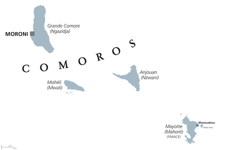 Comoros political map with capital Moroni and French island Mayotte. Union and sovereign archipelago island nation in the Indian Ocean. Gray illustration on white background. English labeling. Vector.のイラスト素材