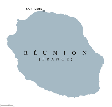 Reunion political map with capital Saint-Denis. Island. Overseas department of France in the Indian Ocean, east of Madagascar. Gray illustration isolated on white background. English labeling. Vector.のイラスト素材