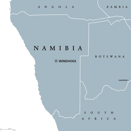 Namibia political map with capital Windhoek. Republic and country in Southern Africa on Atlantic Ocean. Former German South-West Africa. Gray illustration on white background. English labeling. Vectorのイラスト素材