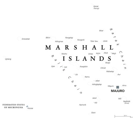 Marshall Islands political map with capital Majuro. Republic and country in the Pacific Ocean consisting of coral atolls and islands. English labeling. Gray illustration on white background. Vector.のイラスト素材