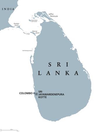 Sri Lanka political map with capitals Sri Jayawardenepura Kotte and Colombo. English labeling. Democratic Socialist Republic. Former Ceylon. Island country in South Asia. Gray illustration. Vector.のイラスト素材