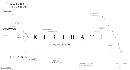 Kiribati political map with capital Tarawa. English labeling. Republic and island nation in the Pacific Ocean. Gray illustration on white background. Vector.のイラスト素材