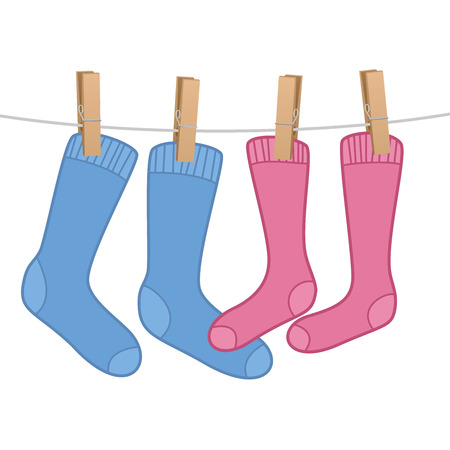Pair of socks hanging as a love symbol on clothes line - blue for the man, pink for the woman. Isolated vector comic illustration on white background.のイラスト素材