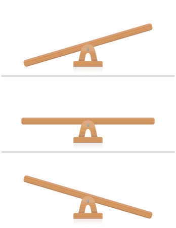 Seesaw or wooden balance scale - balanced and unbalanced, equal and unequal weightiness - isolated vector illustration on white background.のイラスト素材