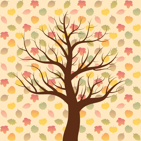 Retro autumn mood with bare tree and leaves pattern background.のイラスト素材