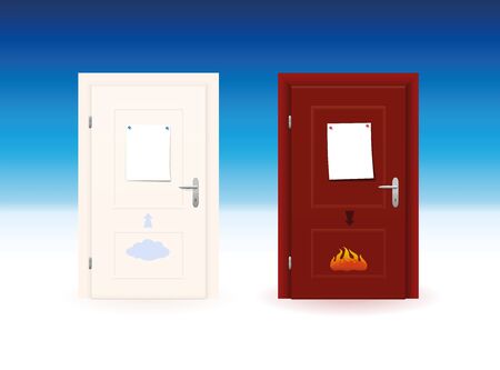 Illustration of heaven and hell door concept with blank sheets of paper.のイラスト素材