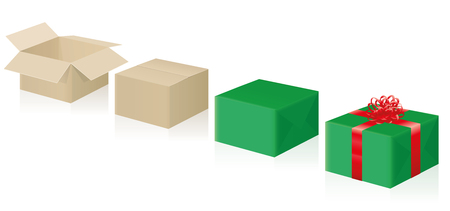 Gift wrap short guide, step by step instruction like a production line - open and closed carton box, wrapped package and tied and decorated with red ribbons and loops - isolated 3d vector on white.のイラスト素材