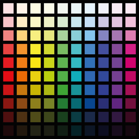 Hundred different colored squares - color spectrum pattern in various saturation from light to dark - square size format vector illustration on black background.のイラスト素材