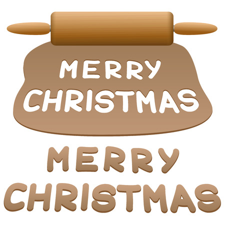 Gingerbread dough with rolling pin and cut out cookies that wish you a MERRY CHRISTMAS - isolated vector illustration on white background.のイラスト素材