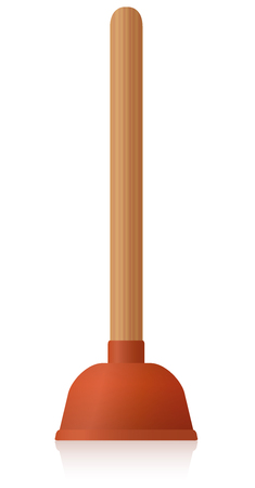 Toilet plunger with orange red rubber pump and wooden handle - domestic housework tool to unblock clogged sink. isolated 3d vector illustration on white background.のイラスト素材