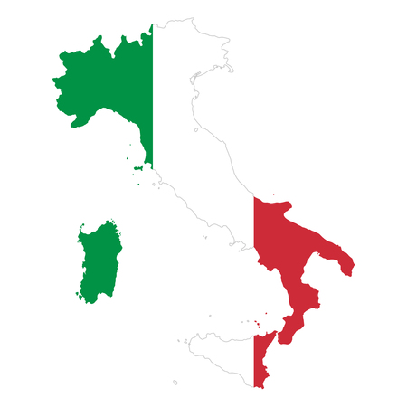 Italian Republic flag in country silhouette. Landmass and borders of Italy as outline, within the banner of the nation in colors green, white and red. Isolated illustration on white background. Vectorのイラスト素材