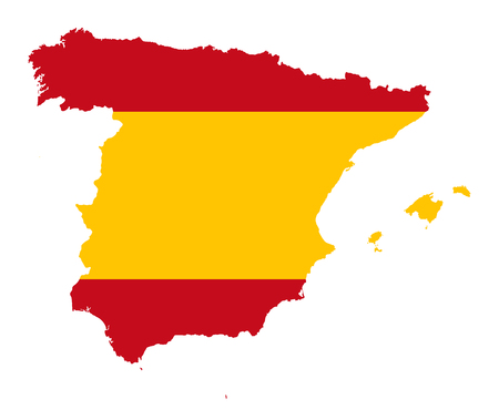 Kingdom of Spain. Flag in silhouette of the country. Landmass and borders as outline. The colors of the nation. Banner with red and yellow stripes.のイラスト素材
