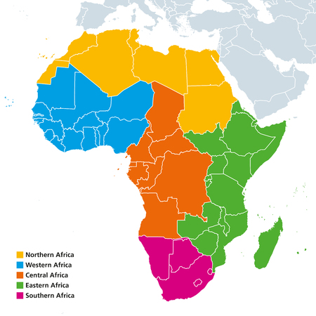 Africa regions political map. United Nations geoscheme with single countries. Northern, Western, Central, Eastern and Southern Africa in different colors. English labeling. Illustration. Vector.のイラスト素材