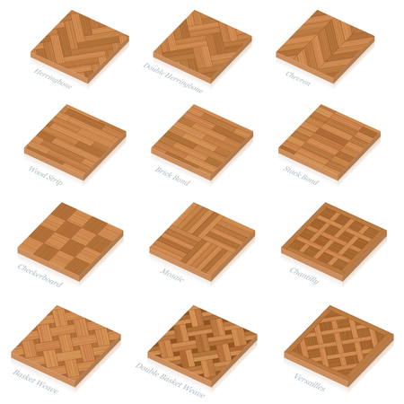 Parquetry. Three-dimensional wooden floor plates. Most popular wood flooring parquets with names - isolated 3D vector illustration on white background.のイラスト素材