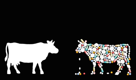 Pills that shape a cow. Symbol for cattle healthcare issues, medicine, pharmacy, antibiotics and diet - isolated vector illustration on black background.のイラスト素材