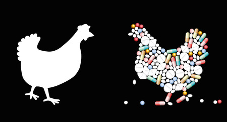 Pills that shape a chicken. Symbol for veterinary healthcare issues, medicine, pharmacy, and antibiotics - isolated vector illustration on black background.のイラスト素材