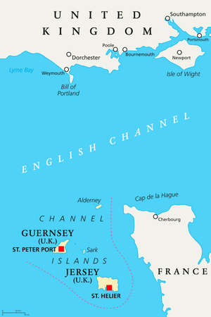 Channel Islands political map. Crown dependencies Bailiwick of Guernsey and Bailiwick of Jersey with capitals. Archipelago off the french coast of Normandy. English labeling. Illustration. Vector.のイラスト素材