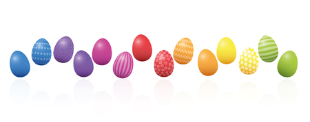 Easter eggs. Colorful line, loosely arranged, different colors and patterns. Rainbow colored three-dimensional isolated vector illustration on white background.のイラスト素材