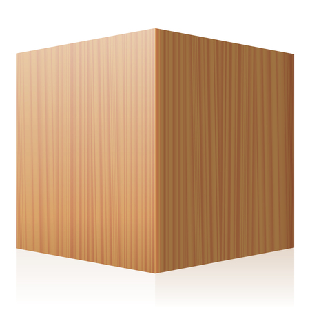 Solid wooden cube. Perspective illustration of a single polished, varnished wood textured dice with - three-dimensional isolated vector on white background.のイラスト素材