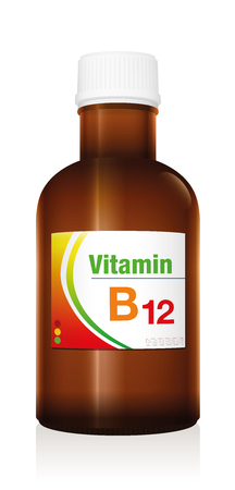 Vitamin B12, as a supplement to healthy diet and conscious nutrition for vegetarians and vegans - medical dummy vial bottle to prevent vitamin deficiency.のイラスト素材