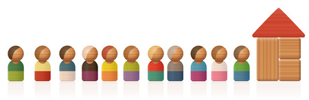 Queue or waiting line with toy figures and building blocks - isolated vector illustration on white background.のイラスト素材