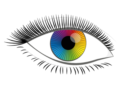 Rainbow colored eye iris - beautiful, female, mystic, colorful fantasy contact lens - isolated vector illustration on white background.のイラスト素材