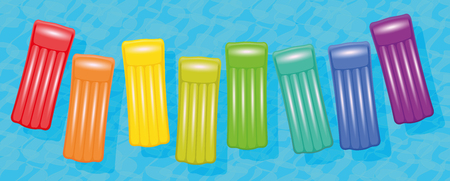 Pool air mattresses. Colorful set floating on blue water, symbol for group travel or group friendly vacation destinations. Vector illustration on white background.のイラスト素材