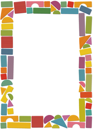 Building toy blocks, vertical frame - colored set, loosely arranged with bricks, roofs, spires, pillars and archs - all parts with wooden texture. Isolated vector illustration on white background.のイラスト素材