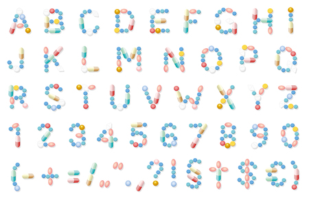 Pills font, medical alphabet letters, pharmaceutical typeface. Isolated vector illustration on white background.のイラスト素材