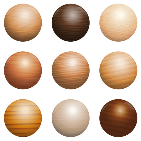 Wood types. Set of nine polished, varnished, textured decor balls - brown, dark, gray, light, red or yellow models with reflections of light. Isolated vector illustration on white background.のイラスト素材