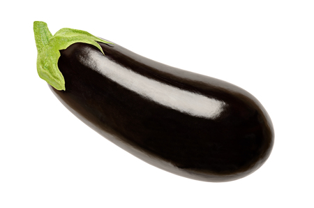 Eggplant from above. Solanum melongena, also aubergine or brinjal. Nightshade. Elongated oval shaped, black skinned fruit, used for cooking. Macro food photo closeup, isolated on white background.の写真素材