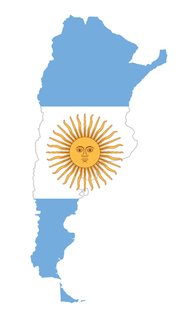 National flag of Argentina with Sun of May in country silhouette. Argentinian triband of horizontal bands in blue and white, above all the national emblem Sol de Mayo. Illustration over white. Vector.のイラスト素材